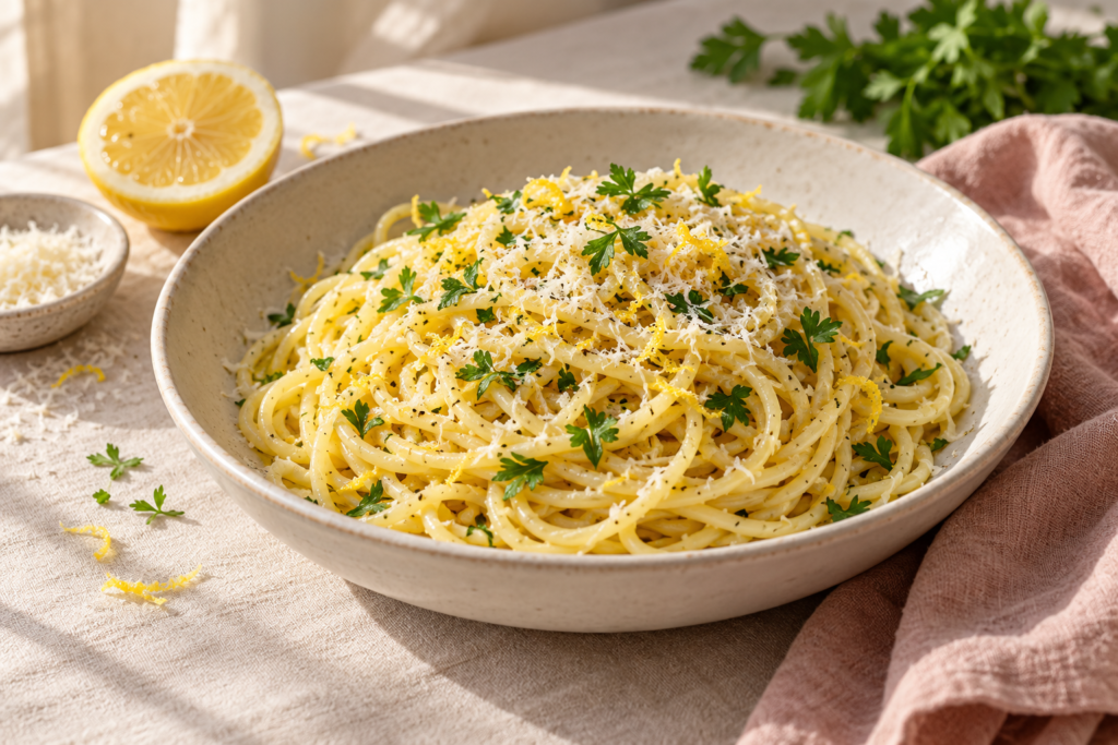 Špageti s limunom, maslinovim uljem, parmezanom i peršinom